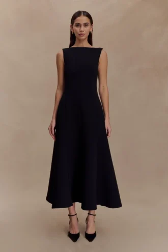 Callista Crepe A-Line Midi Dress – Black