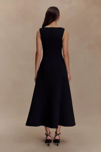 Callista Crepe A-Line Midi Dress – Black