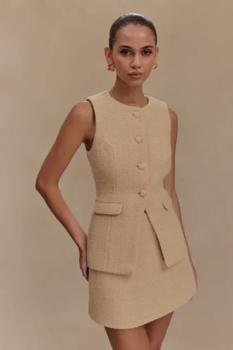 Camilla Boucle Sleeveless Vest – Light Taupe