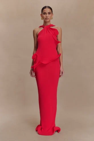 Caprice Halter Knit Maxi Dress – Red