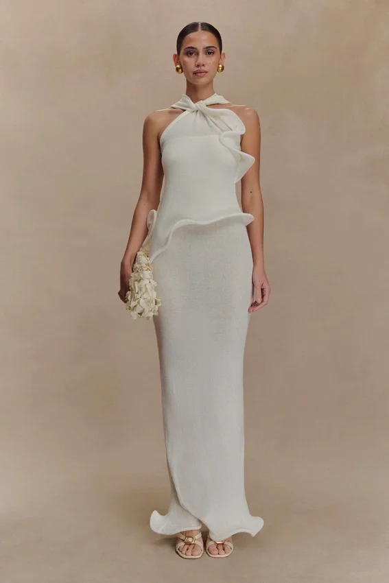 Caprice Halter Knit Maxi Dress – White Caprice Halter Knit Maxi Dress – White