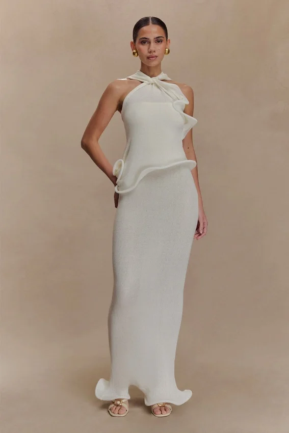 Caprice Halter Knit Maxi Dress – White Caprice Halter Knit Maxi Dress – White