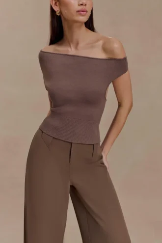Carley Off Shoulder Knit Top – Cacao Brown Carley Off Shoulder Knit Top – Cacao Brown