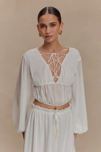 Carlie Chiffon Cross Tie Top – Ivory Carlie Chiffon Cross Tie Top – Ivory