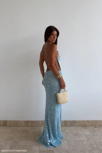 Carmen Crochet Sequin Maxi Open Back Dress – Blue