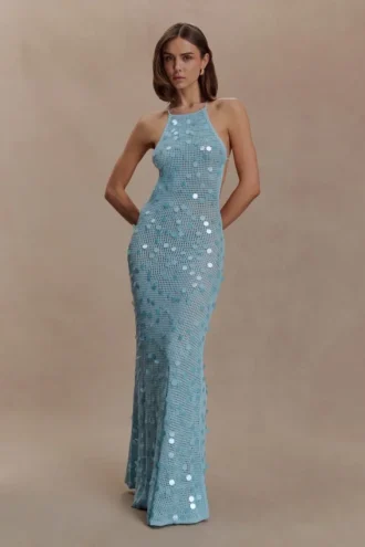 Carmen Crochet Sequin Maxi Open Back Dress – Blue