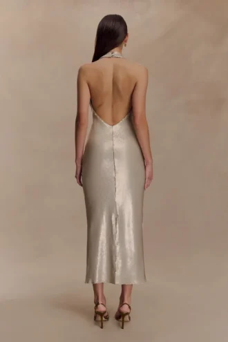 Carnation Sequin Halter Midi Dress – Gold