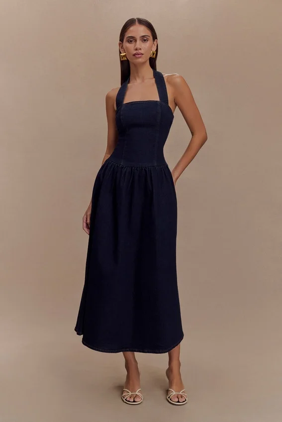 Caroline Denim Halter Midi Dress – Indigo Blue Caroline Denim Halter Midi Dress – Indigo Blue