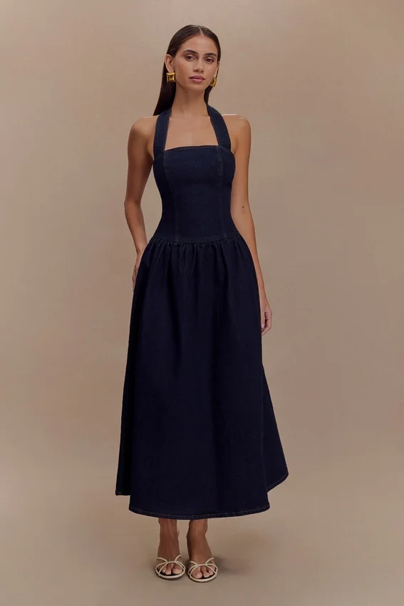 Caroline Denim Halter Midi Dress – Indigo Blue Caroline Denim Halter Midi Dress – Indigo Blue