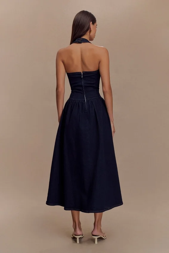 Caroline Denim Halter Midi Dress – Indigo Blue Caroline Denim Halter Midi Dress – Indigo Blue