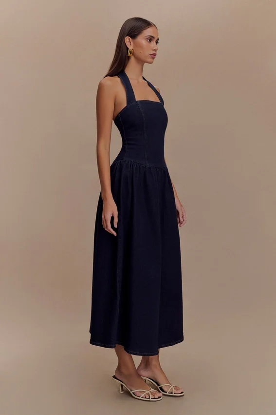 Caroline Denim Halter Midi Dress – Indigo Blue Caroline Denim Halter Midi Dress – Indigo Blue