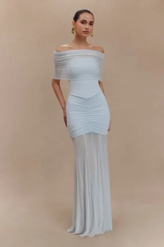 Caspian Slinky And Mesh Off Shoulder Maxi Dress – Pale Blue