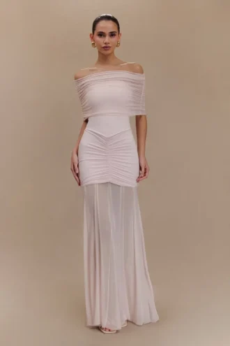 Caspian Slinky And Mesh Off Shoulder Maxi Dress – Pale Pink
