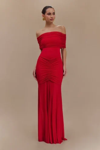 Caspian Slinky And Mesh Off Shoulder Maxi Dress – Ruby
