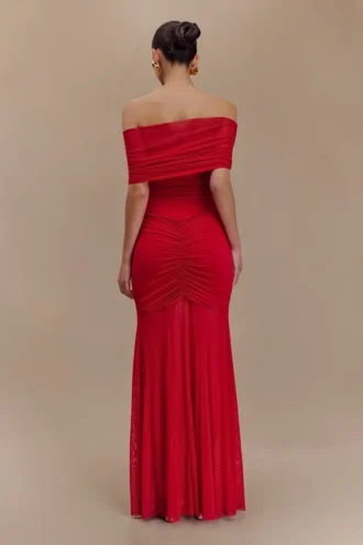 Caspian Slinky And Mesh Off Shoulder Maxi Dress – Ruby