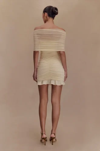 Caspian Slinky And Mesh Off Shoulder Mini Dress – Ivory