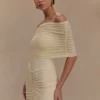 Caspian Slinky And Mesh Off Shoulder Mini Dress – Ivory Caspian Slinky And Mesh Off Shoulder Mini Dress – Ivory