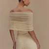 Caspian Slinky And Mesh Off Shoulder Mini Dress – Ivory Caspian Slinky And Mesh Off Shoulder Mini Dress – Ivory