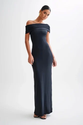 Cassandra Off Shoulder Slinky Maxi Dress – Black