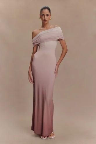 Cassandra Off Shoulder Slinky Maxi Dress – Neutral Ombre