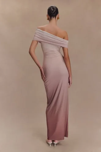 Cassandra Off Shoulder Slinky Maxi Dress – Neutral Ombre