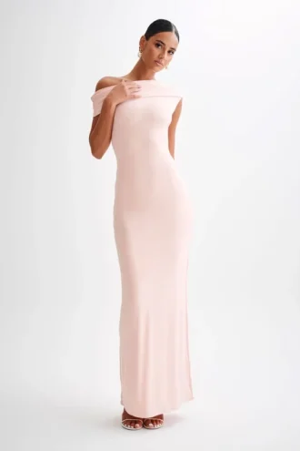 Cassandra Off Shoulder Slinky Maxi Dress – Pale Pink
