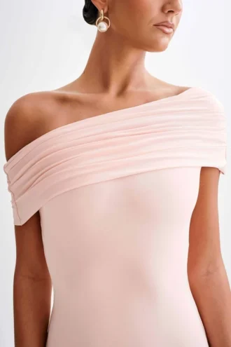 Cassandra Off Shoulder Slinky Maxi Dress – Pale Pink