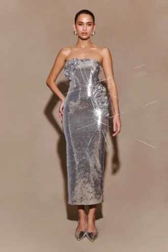 Cassia Strapless Sequin Rose Midi Dress – Silver
