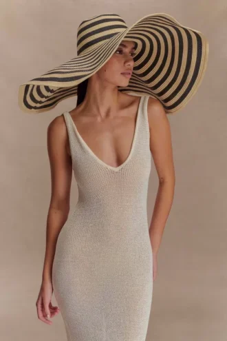 Cecil Straw Maxi Hat – Black And Neutral Stripe