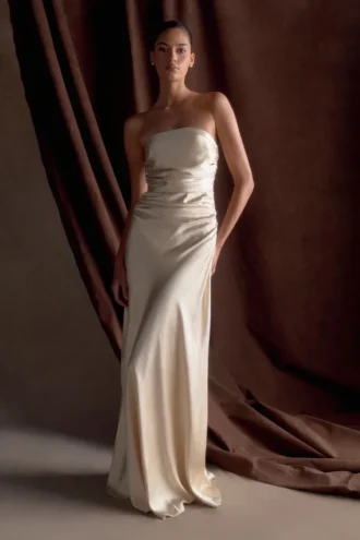 Cedar Strapless Satin Maxi Dress – Blush Gold