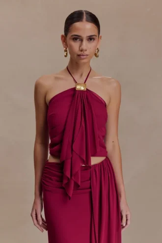 Celina Chiffon Halter Top With Hardware – Cherry Red
