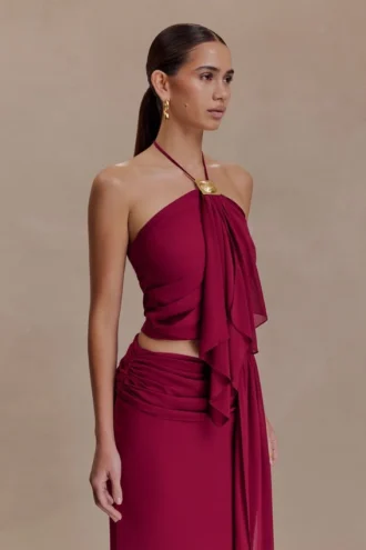 Celina Chiffon Halter Top With Hardware – Cherry Red