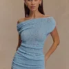 Chloe Off Shoulder Boucle Knit Top – Light Blue