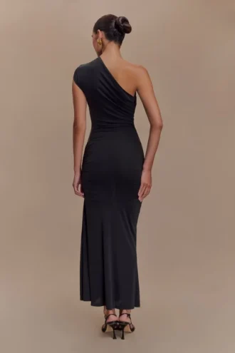 Chloe Peached Jersey One Shoulder Midi Dress – Black