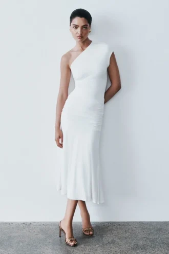 Chloe Peached Jersey One Shoulder Midi Dress – Ivory