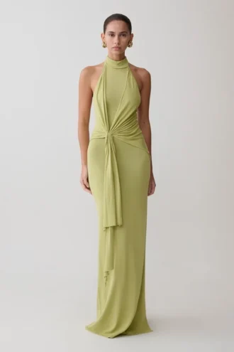 Cindylou Halter Knit Maxi Dress – Light Olive