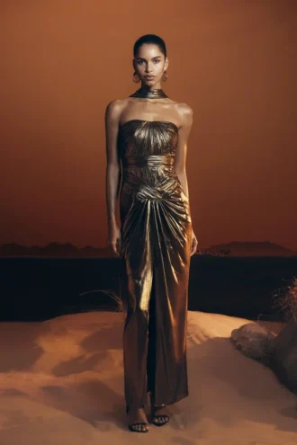 Clemence Plisse Maxi Dress – Gold