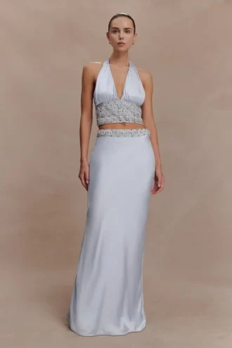 Clementine Chiffon Hand Beaded Maxi Skirt – Pale Blue