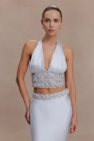 Clementine Chiffon Hand Beaded Top – Pale Blue