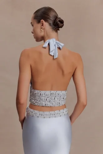 Clementine Chiffon Hand Beaded Top – Pale Blue