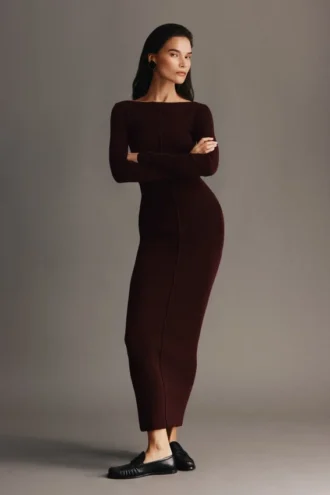Cleona Merino Wool Ribbed Long Sleeve Maxi Dress – Deep Chocolate