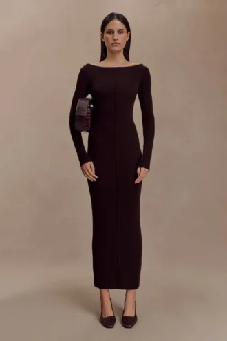 Cleona Merino Wool Ribbed Long Sleeve Maxi Dress – Deep Chocolate