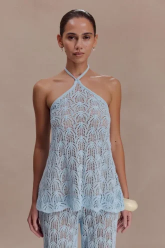 Corey Crochet Halter Neck Top – Light Blue