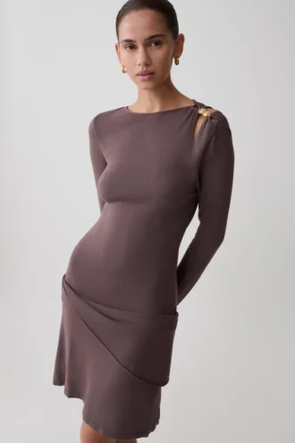Cresida Knit Long Sleeve Mini Dress With Hardware – Peppercorn