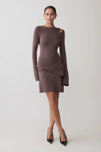 Cresida Knit Long Sleeve Mini Dress With Hardware – Peppercorn