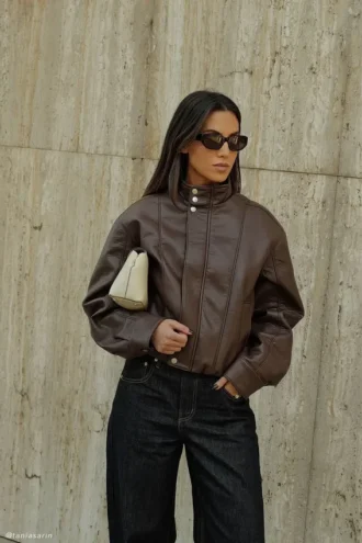 Curtis Faux Leather Bomber Jacket – Dark Chocolate