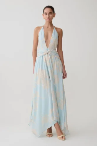Cyra Plunge Chiffon Midi Dress – Blue Floral Print