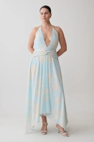 Cyra Plunge Chiffon Midi Dress – Blue Floral Print