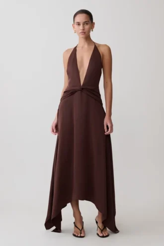 Cyra Plunge Satin Midi Dress – Dark Chocolate