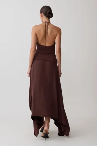 Cyra Plunge Satin Midi Dress – Dark Chocolate